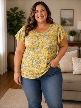 Liz Claiborne Yellow Floral Flutter Sleeve Scoop Neck Tee